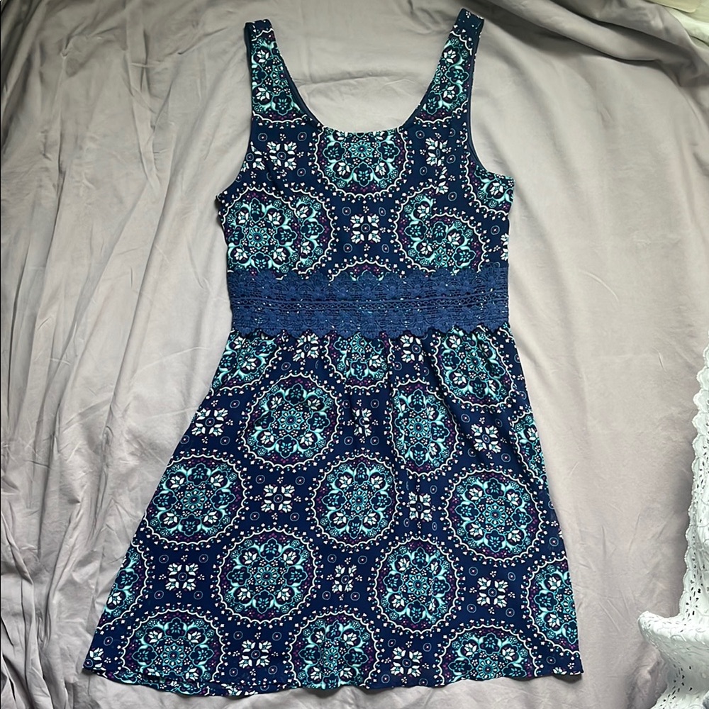 Xhilaration Blue and Green Sleeveless A-Line Sundress with Lace Waist Detail